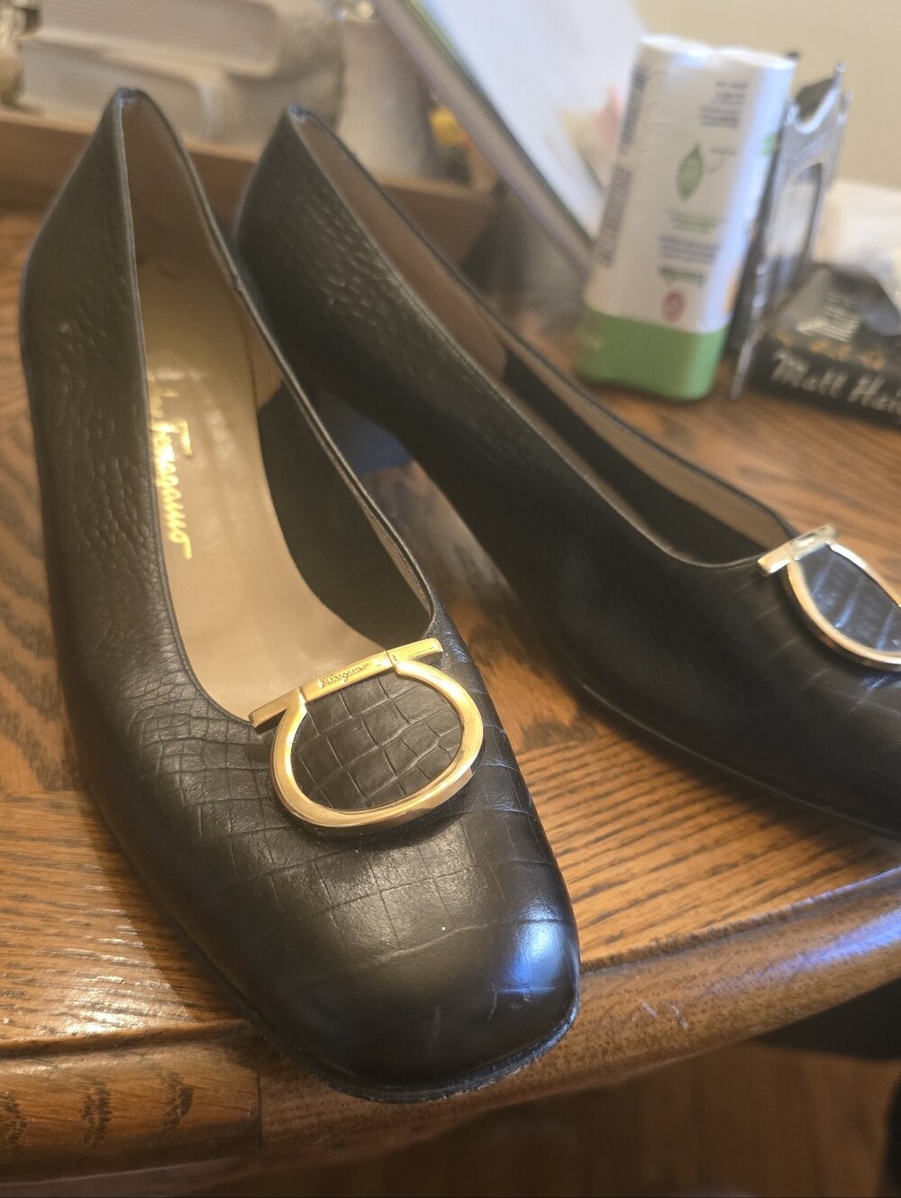 Vintage Salvatore Ferragamo Black Croc-Embossed Leather Heels with Gold Gancini